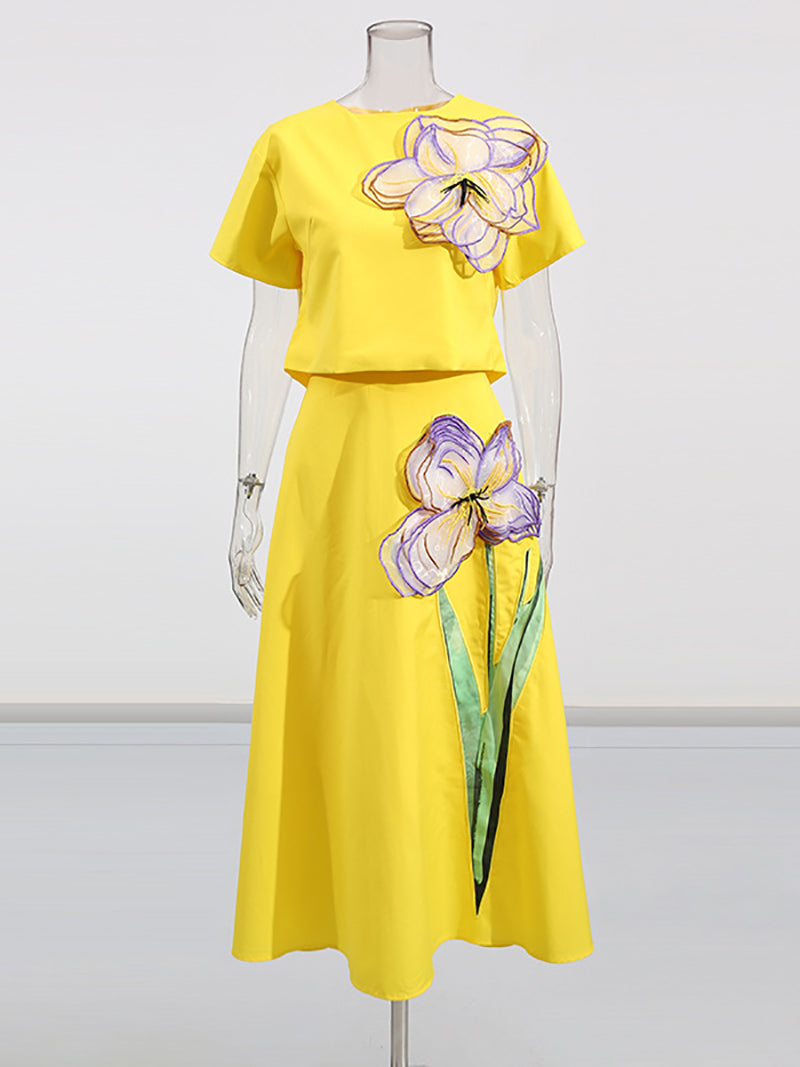 Fashion 3D Floral Applique Skirt Two-Piece Set
