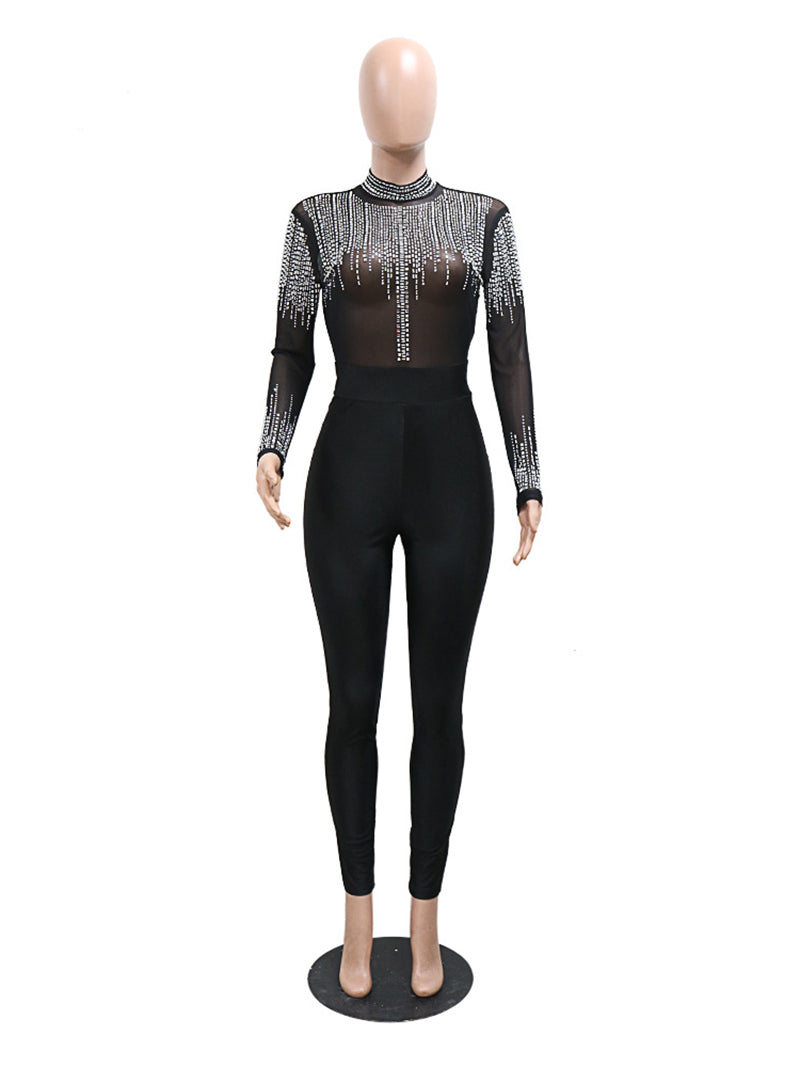 Rhinestone See-through Bodycon Jumpsuit