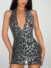 Sexy Deep V Neck Sequin Leopard Print Bodycon Dress