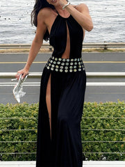 Sexy Halterneck Lace-up Slit Maxi Dress