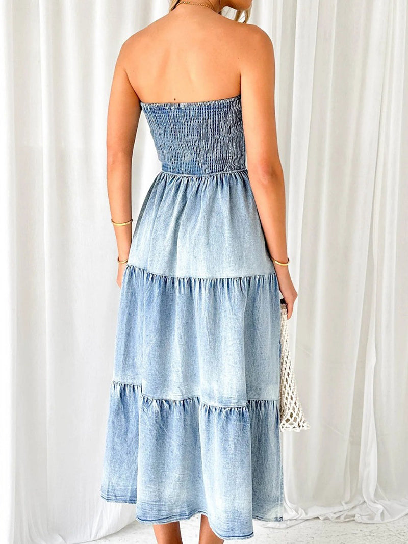 Fashion Strapless Tiered Slit Denim Dress