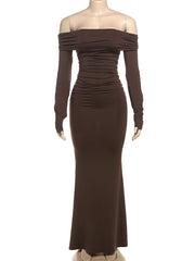 Solid Color Off-Shoulder Ruched Slim Maxi Dress