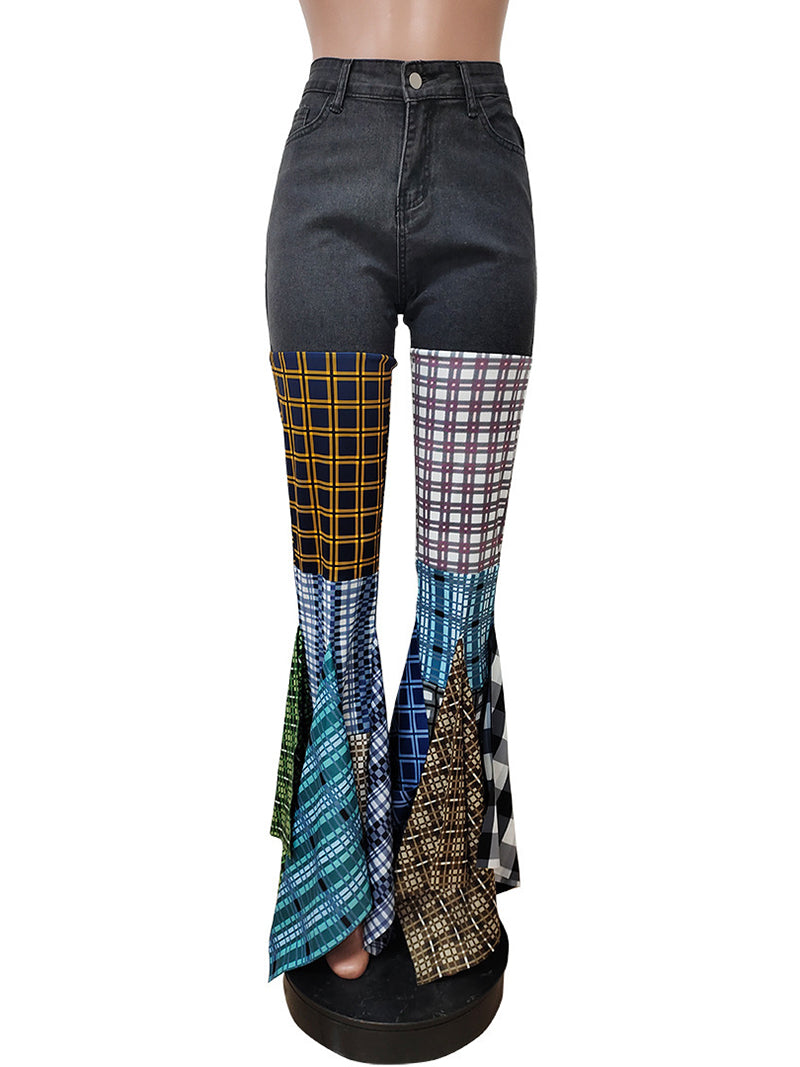 Casual Houndstooth Patchwork Jeans