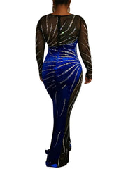 Velvet Patchwork See-Through Rhinestone Club Dress