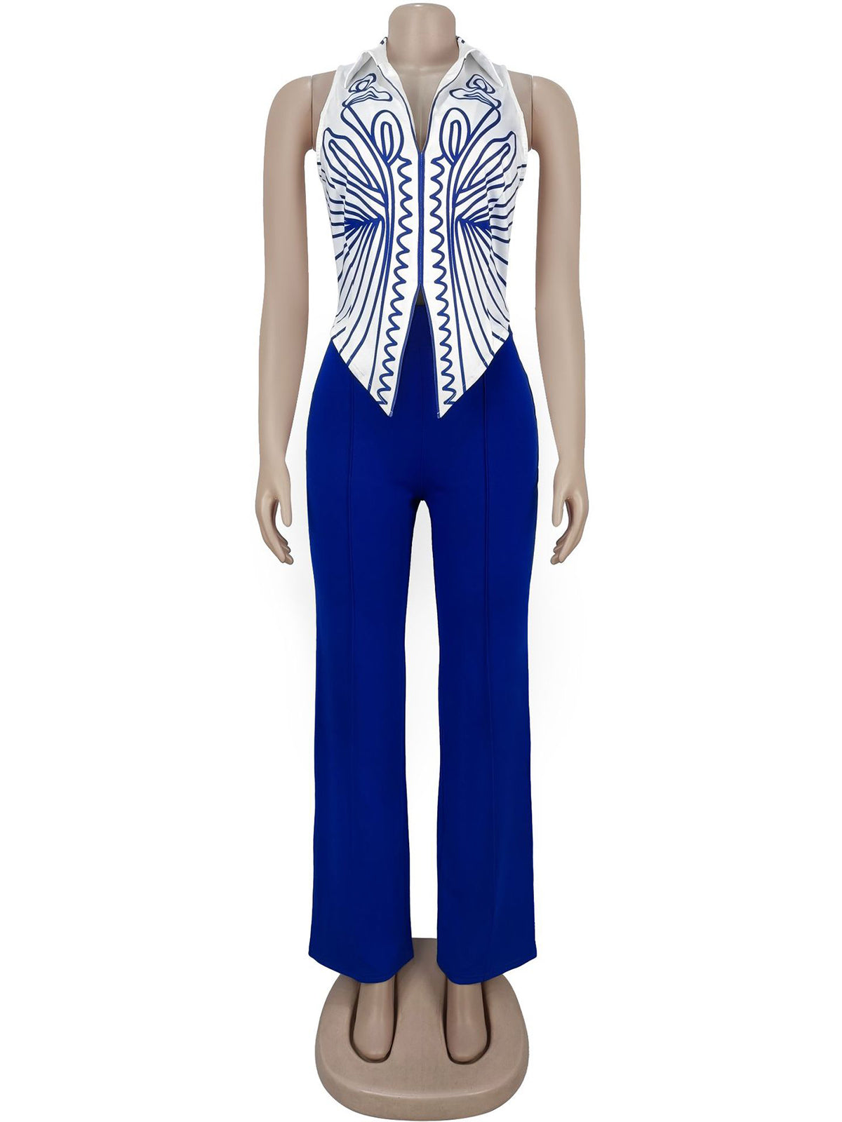 Print Turndown Collar Sleeveless Straight Pants Set