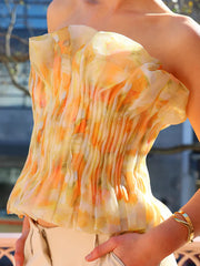 Fashion Print Strapless Pleated Vest