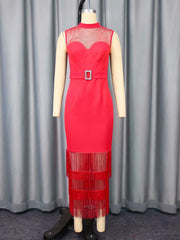 Fashion Mesh Patchwork Sleeveless Tassel Bodycon Dress