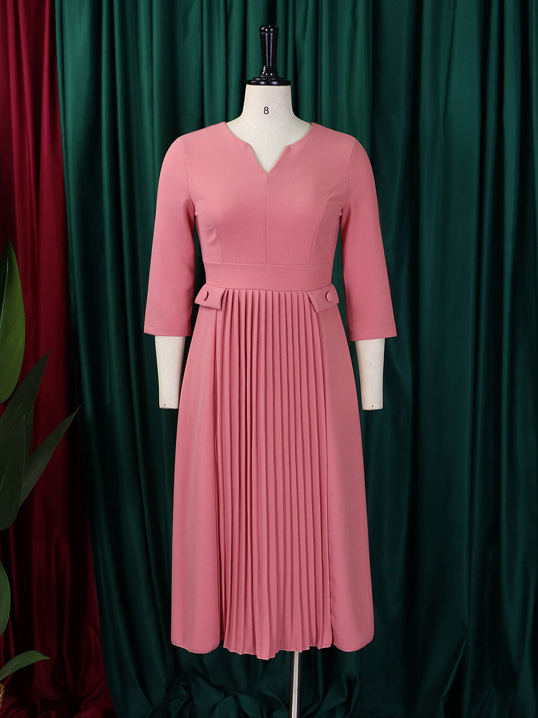 Business Casual Round Neck Slim Pleated Midi Dress
