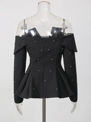 Pearl Trim Off Shoulder Blazer-boutique