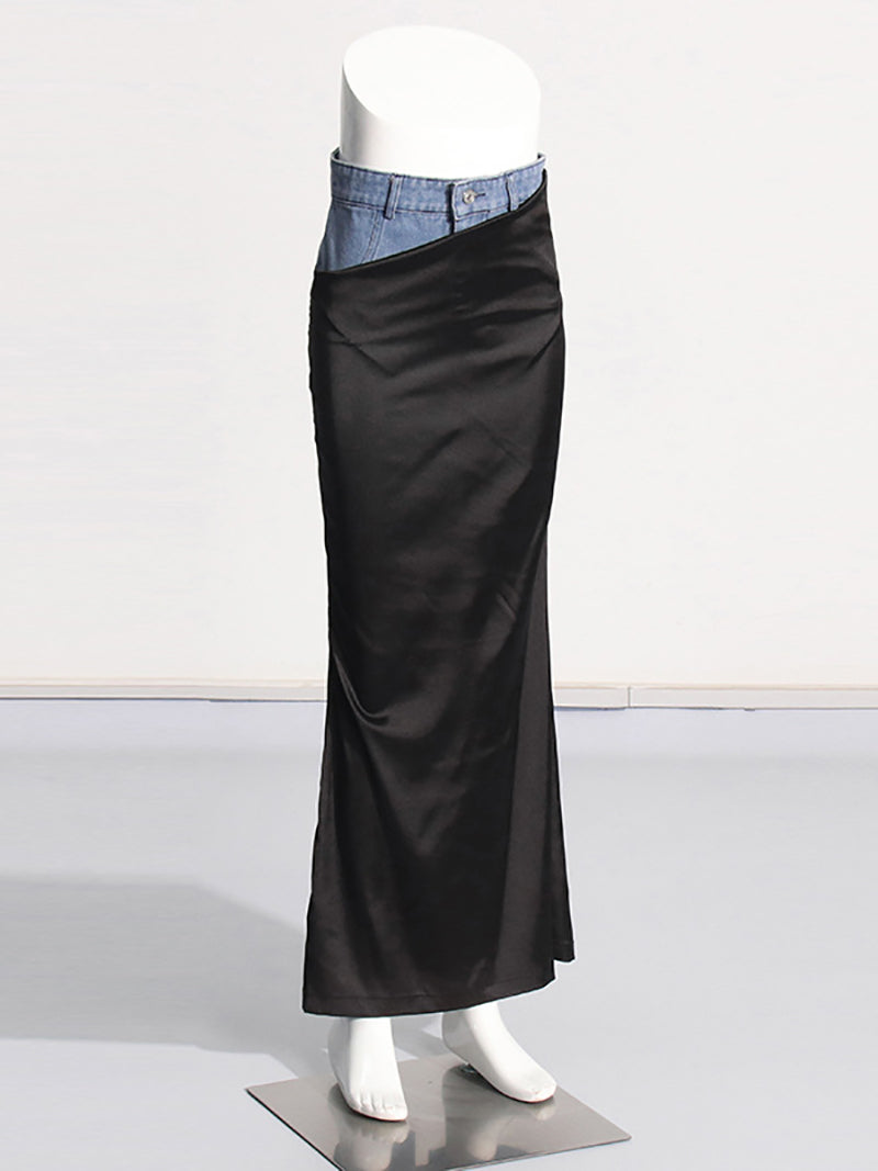 High Waist Denim Patchwork Satin Maxi Slip Skirt