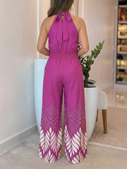 Casual Sleeveless Bandage Print Slim Wide Leg Jumpsuit