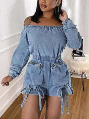 Fashion Off Shoulder Elastic Waist Denim Romper