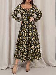 Square Neck Tie-up Long Sleeve Floral Midi Dress