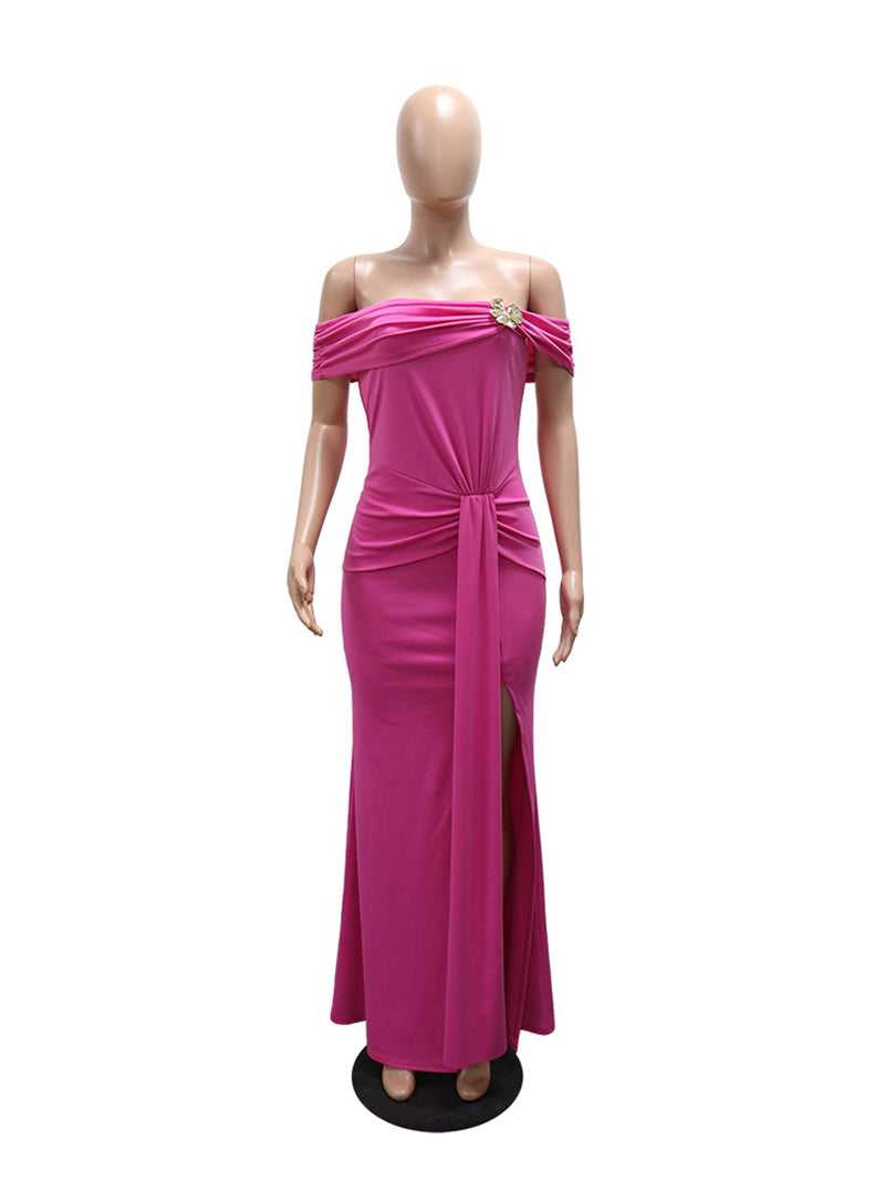 Elegant Off Shoulder Ruched Slit Maxi Dress