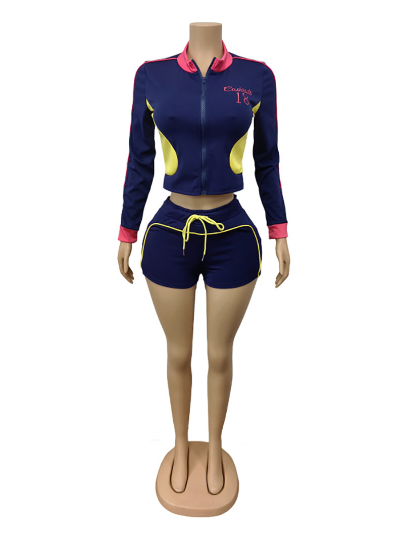 Casual Letter Embroidered Zipper Top Shorts 2 Piece Set