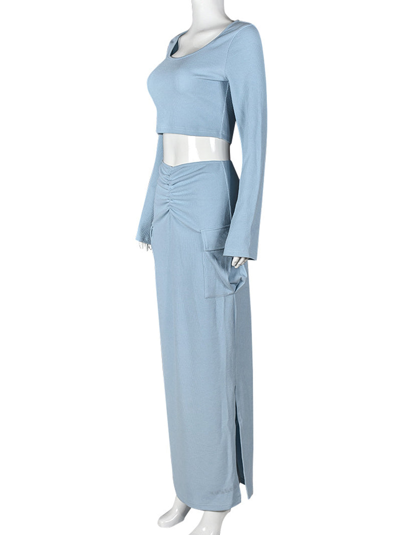 Casual Ribbed Knit Crop Top And Slit skirt 2 Piece Set