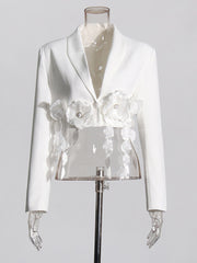 Elegant White 3D Floral Tassels Blazers Jacket