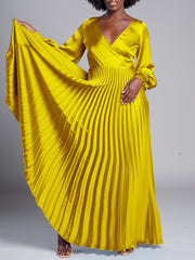 Fashion V-neck Long Sleeve Pleated Dress