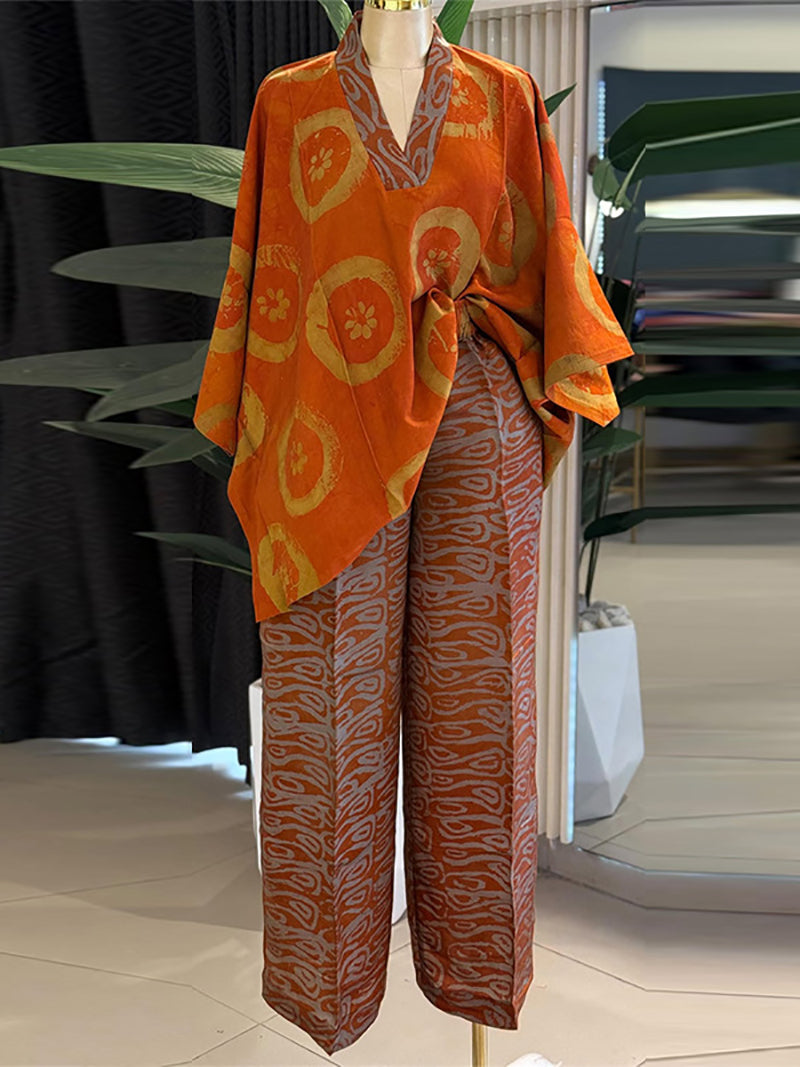 V Neck Print Loose Top Straight Pants Casual Set