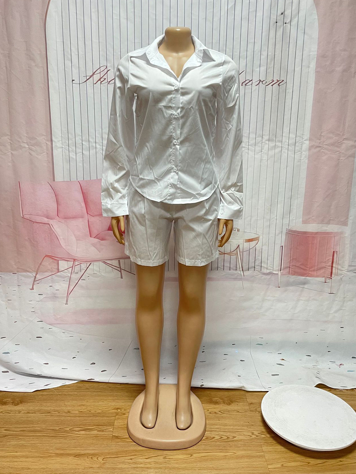 Casual Button Down Long Sleeve Shirt And Shorts Sets