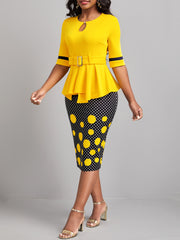 Polka Dot Patchwork Belted Bodycon Dress