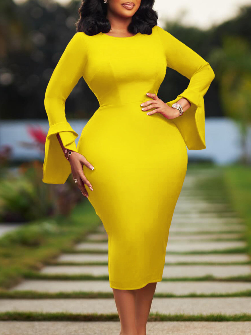 Elegant Flare Sleeve Slim Fit Pencil Dress