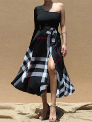 Causal One Shoulder Plaid Print High Waist Slit Dress