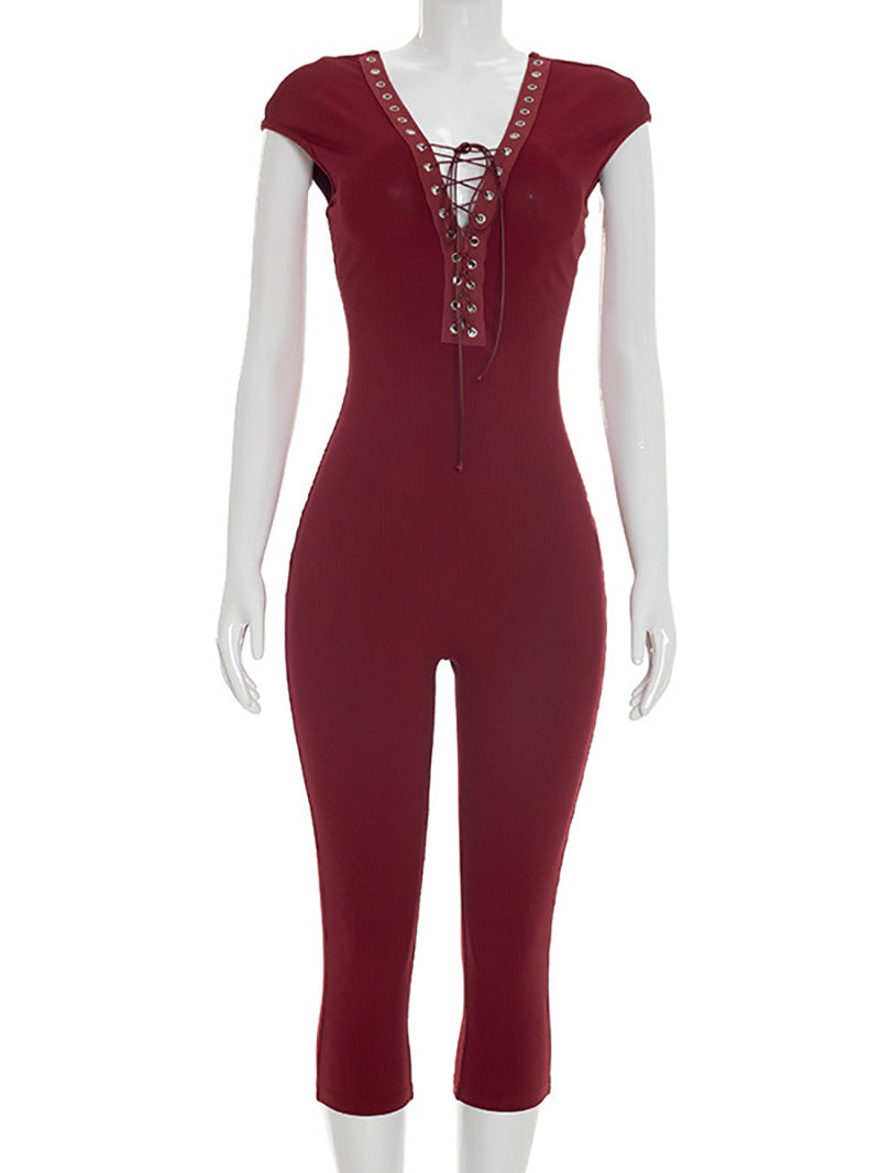Sexy Lace-up Slim Jumpsuit Cropped Pants