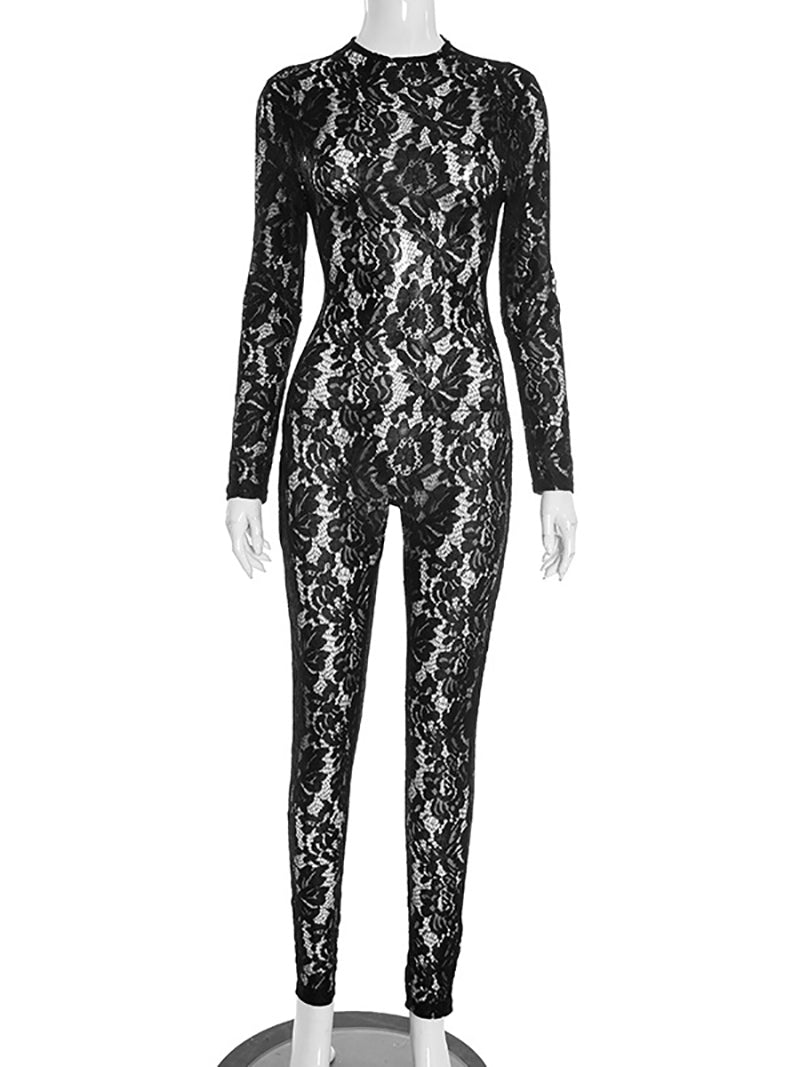 Sexy Jacquard Lace See Through Tight Jumpsuit
