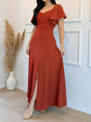 Casual V Neck Ruffles Sleeve Slim Maxi Dress