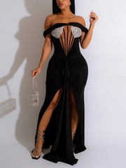 Off Shoulder Sequin Mesh Bodycon Slit Dress