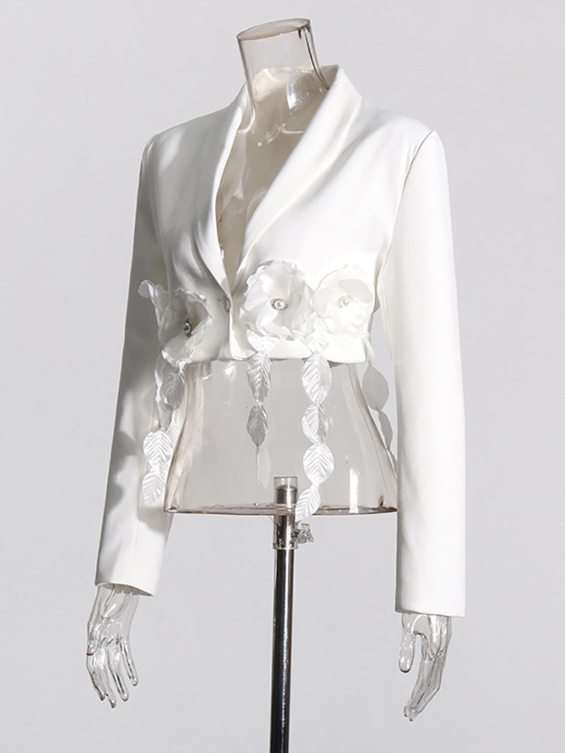 Elegant White 3D Floral Tassels Blazers Jacket