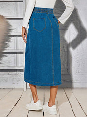 High Waist Button Fly Flap Detail Denim Skirt