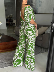 Casual Print Off Shoulder Lace-up Wide Leg Jumpsuit