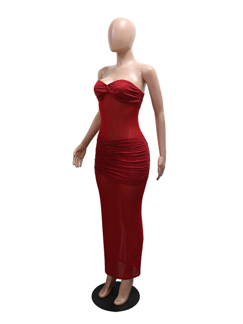 Sexy Embellished Mesh Sheer Ruched Maxi Dress