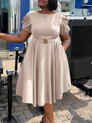 Plus Size Fashion Short Sleeve  Belted Slim Midi Dress