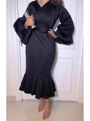 V Neck Balloon Sleeve Mermaid Midi Dress