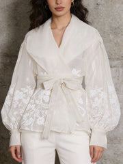 Vintage Floral Pattern Lapel Mesh Blouse