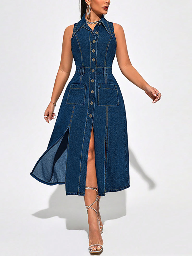 Fashion Single breasted Sleeveless Denim Dress