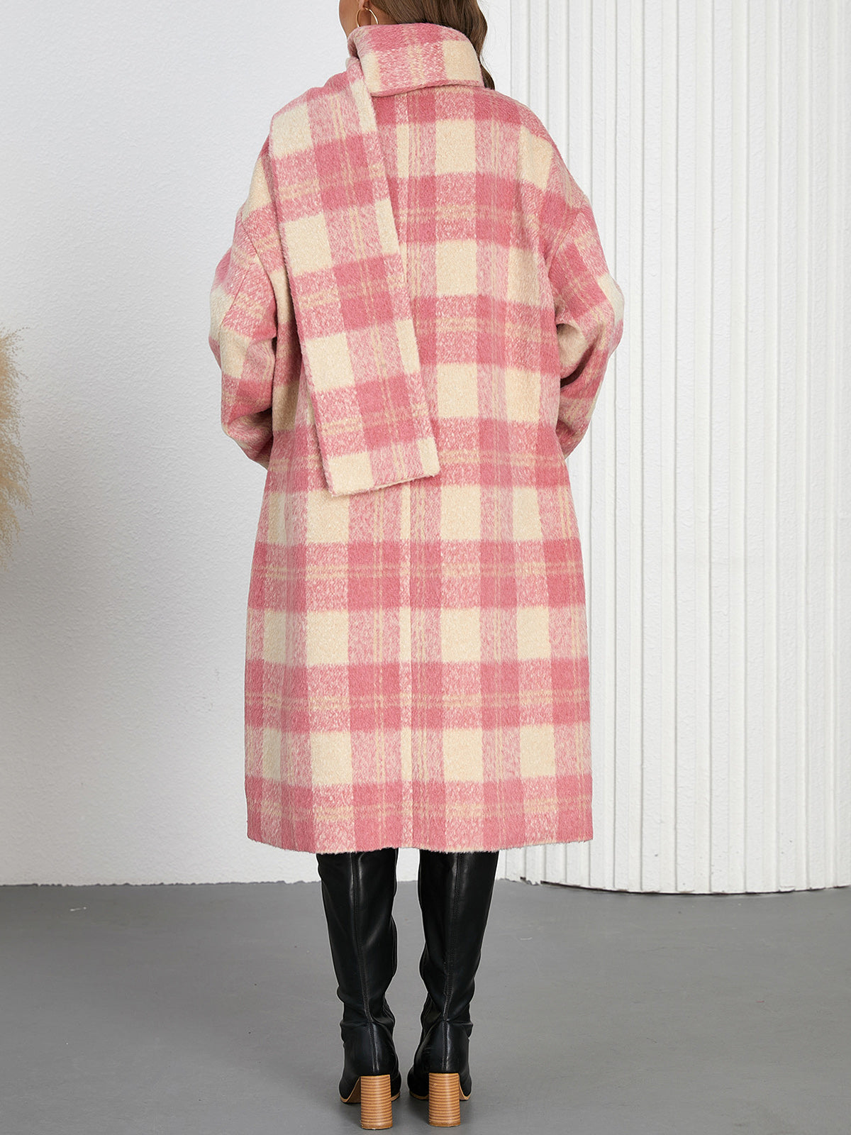 V-Neck Scarf Plaid Double-Breasted Long Coat