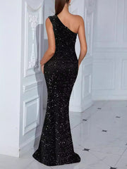 Sequin One Shoulder Split Hem Prom Dress