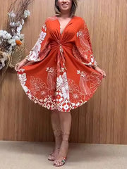 Floral V Neck Bandage Long Sleeves Midi Dress