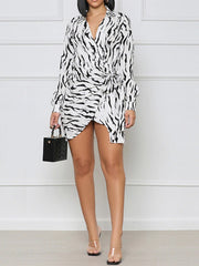 Fashion Long Sleeve Printed Tied Shirt Dress