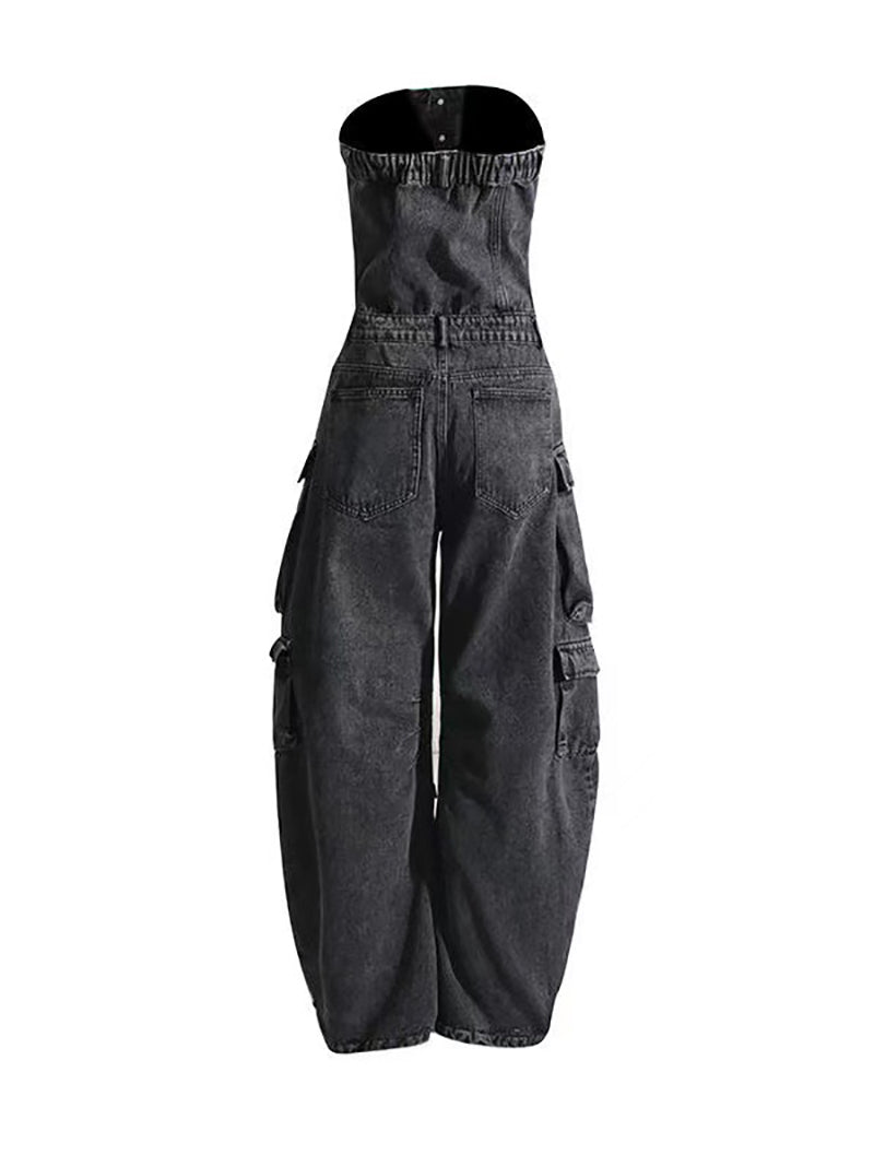 Sexy Strapless Multi-pocket Denim Jumpsuit