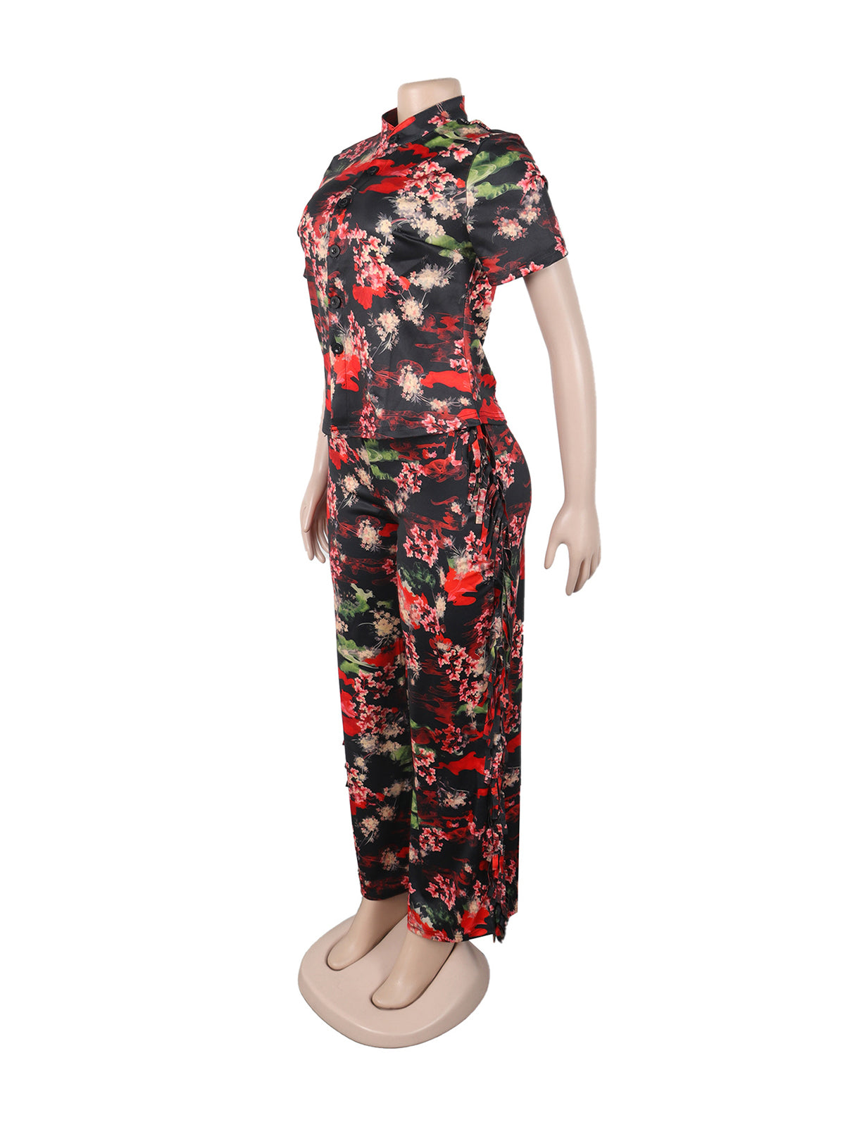Print Fringe Trim Button Collar Casual Two Piece Set