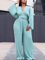 Fashion Loose Pleat Top Wide Leg Trousers Sets