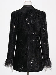 Fashion Sequins Feathers Cuff Solid Blazer