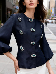 Fashion Rhinestone Puff Sleeve Slim Jacket