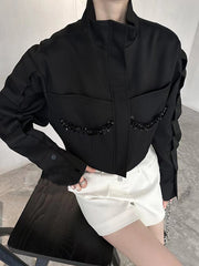 Fashion Stand Collar Sequin Decorate Cropped Jacket