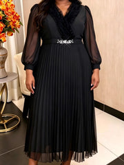 Elegant V Neck Chiffon Long Sleeve Pleated Dress